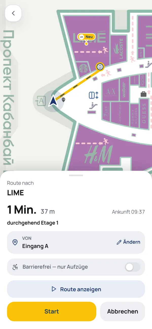 NaviGo-Routenansicht: gelbe Linie bis zur richtigen Tür, Gehzeit und Entfernung